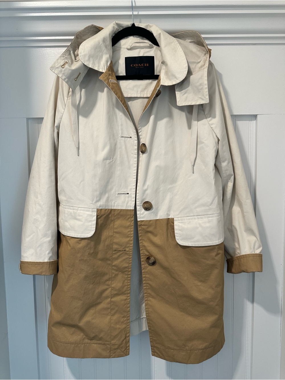 COACH Two-Tone Cream and Tan Hooded Trench Coat Jacket